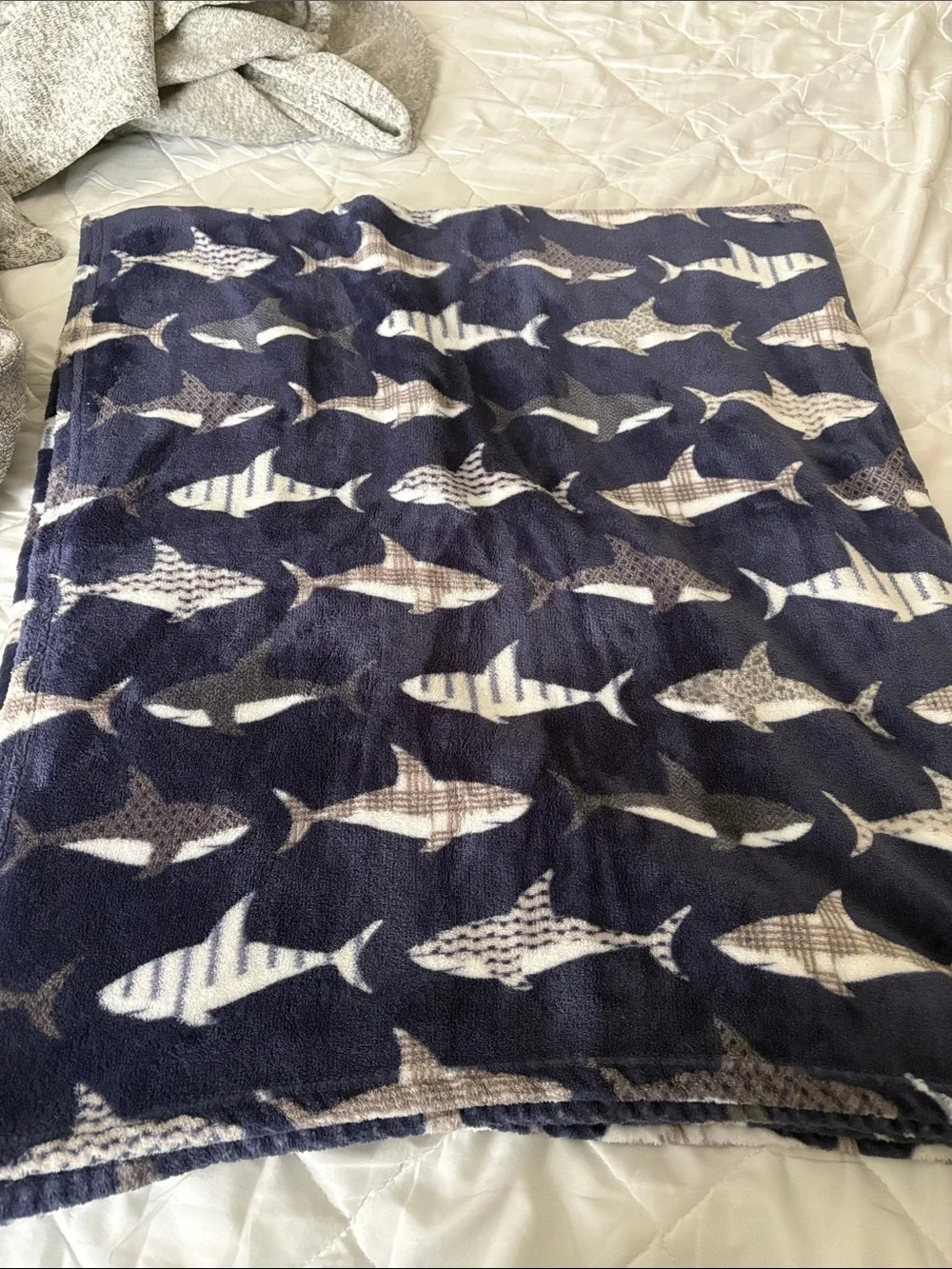 Navy Shark Print Plush Throw Blanket